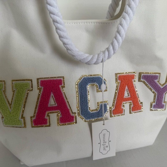 Mud Pie Canvas Patch Tote Bag Vacay White Rope Handles Beach Vacation NEW - Picture 3 of 8